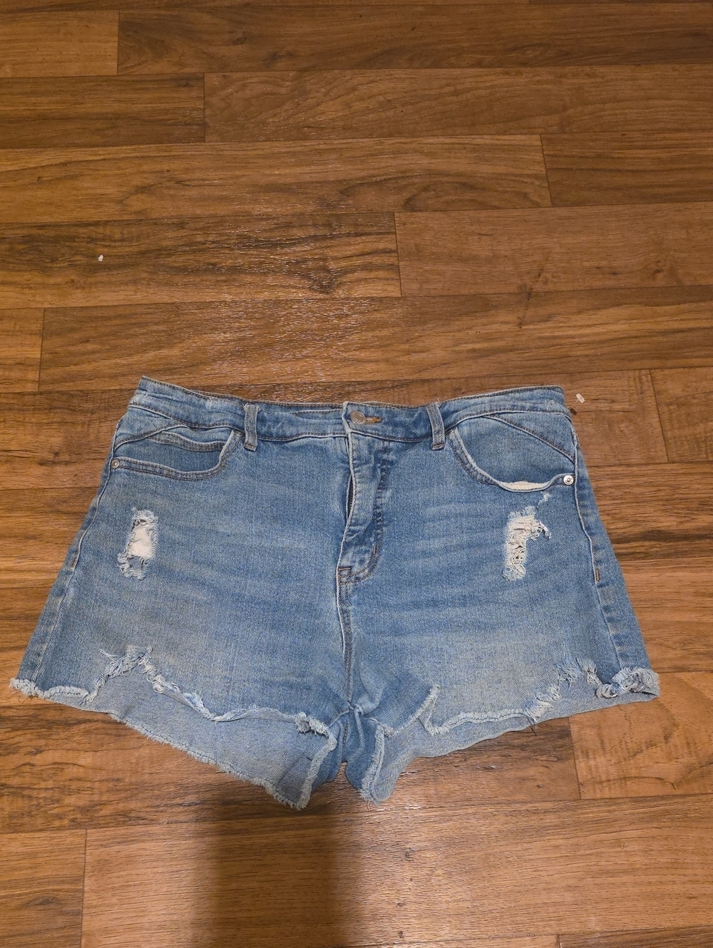 High-Rise Distressed Denim Shorts - Light Blue
